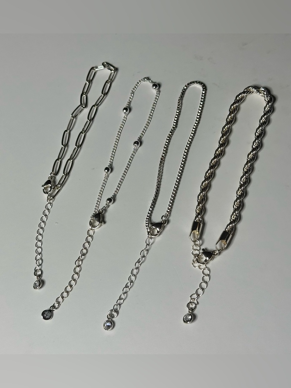 Silver Tone 4-Piece Stackable Bracelet Set | Paperclip Rope Beaded Box Chain - Picture 4 of 8